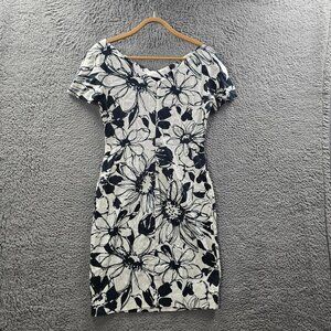 Zara Womens Pencil Dress Size S White Black Floral Short Sleeve V-Neck